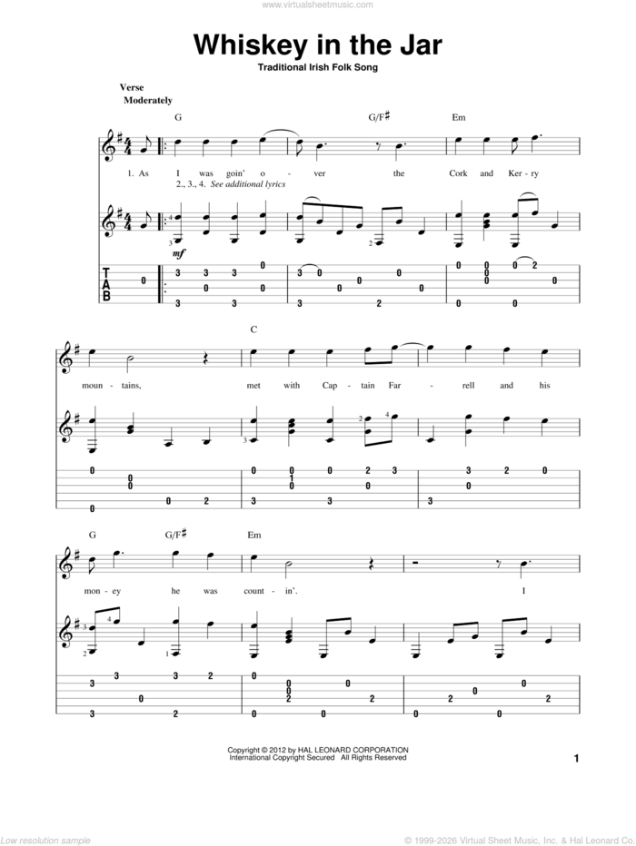 Whiskey In The Jar sheet music for guitar solo, intermediate skill level