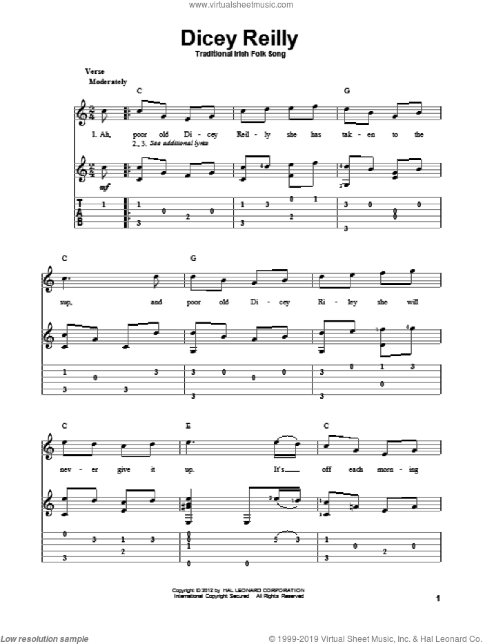 Dicey Reilly sheet music for guitar solo by Traditional Irish Folksong, intermediate skill level