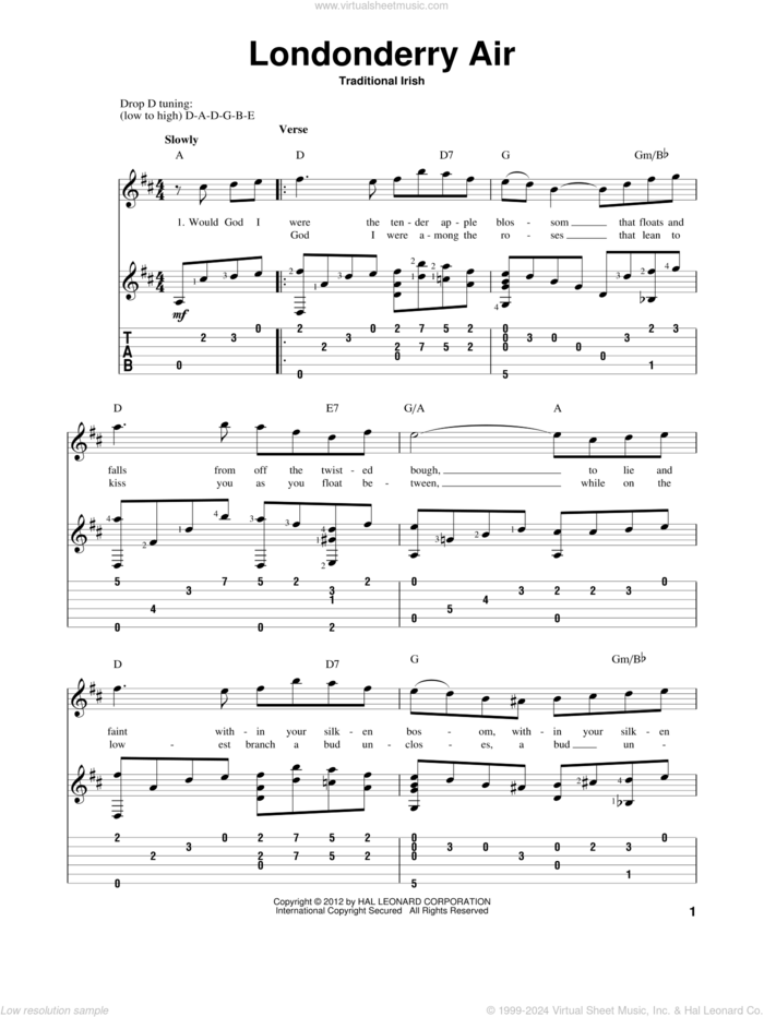 Londonderry Air sheet music for guitar solo by Traditional Irish, intermediate skill level