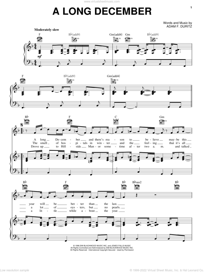 A Long December sheet music for voice, piano or guitar by Counting Crows and Adam Duritz, intermediate skill level