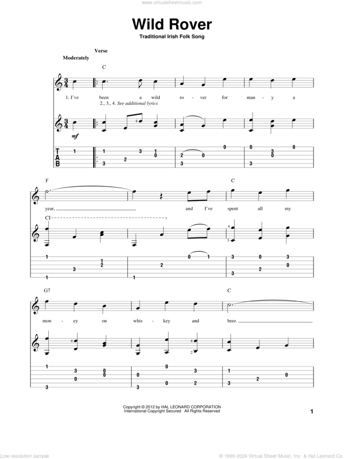 Wild Rover sheet music for guitar solo, intermediate skill level