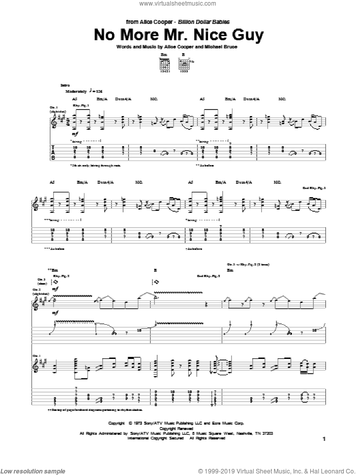 No More Mr. Nice Guy sheet music for guitar (tablature) by Alice Cooper and Michael Bruce, intermediate skill level