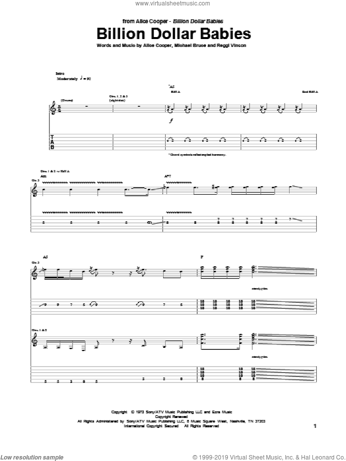 Billion Dollar Babies sheet music for guitar (tablature) by Alice Cooper, Michael Bruce and Reggi Vinson, intermediate skill level