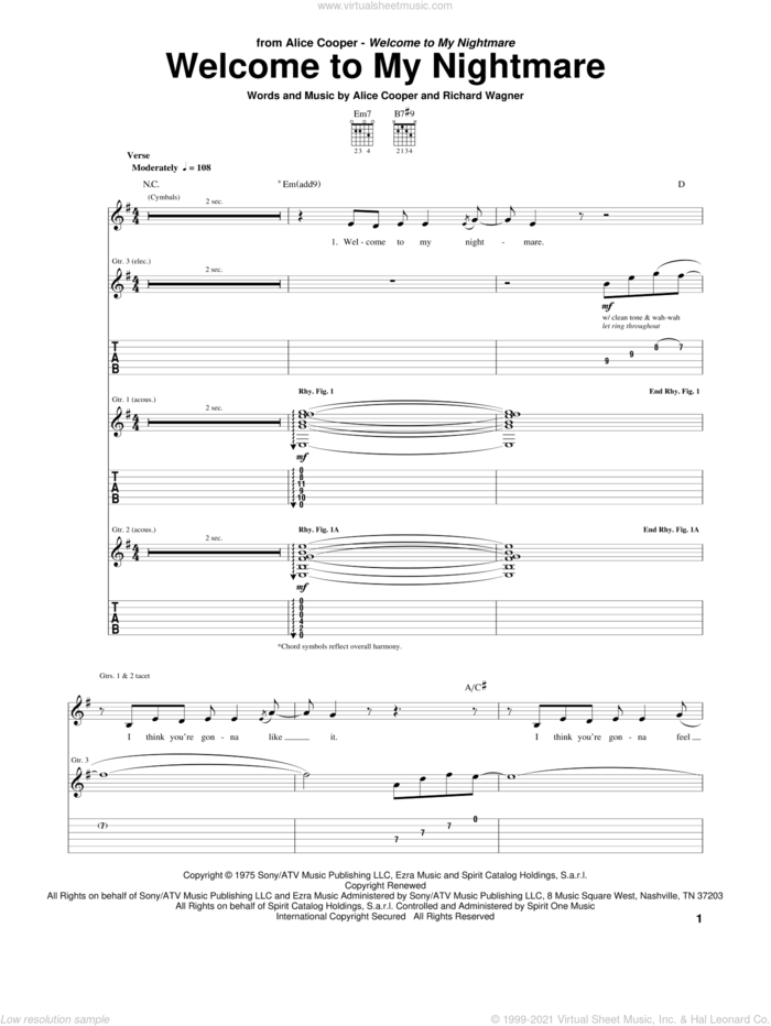 Welcome To My Nightmare sheet music for guitar (tablature) by Alice Cooper and Richard Wagner, intermediate skill level