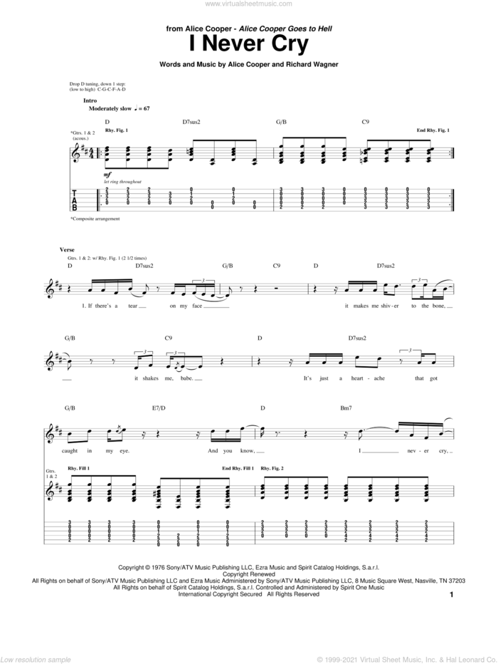 I Never Cry sheet music for guitar (tablature) by Alice Cooper and Richard Wagner, intermediate skill level