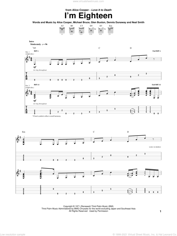 I'm Eighteen sheet music for guitar (tablature) by Alice Cooper, Dennis Dunaway, Glen Buxton, Michael Bruce and Neal Smith, intermediate skill level