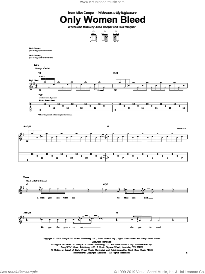 Only Women Bleed sheet music for guitar (tablature) by Alice Cooper and Dick Wagner, intermediate skill level