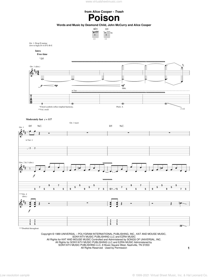 Poison sheet music for guitar (tablature) by Alice Cooper, Desmond Child and John McCurry, intermediate skill level