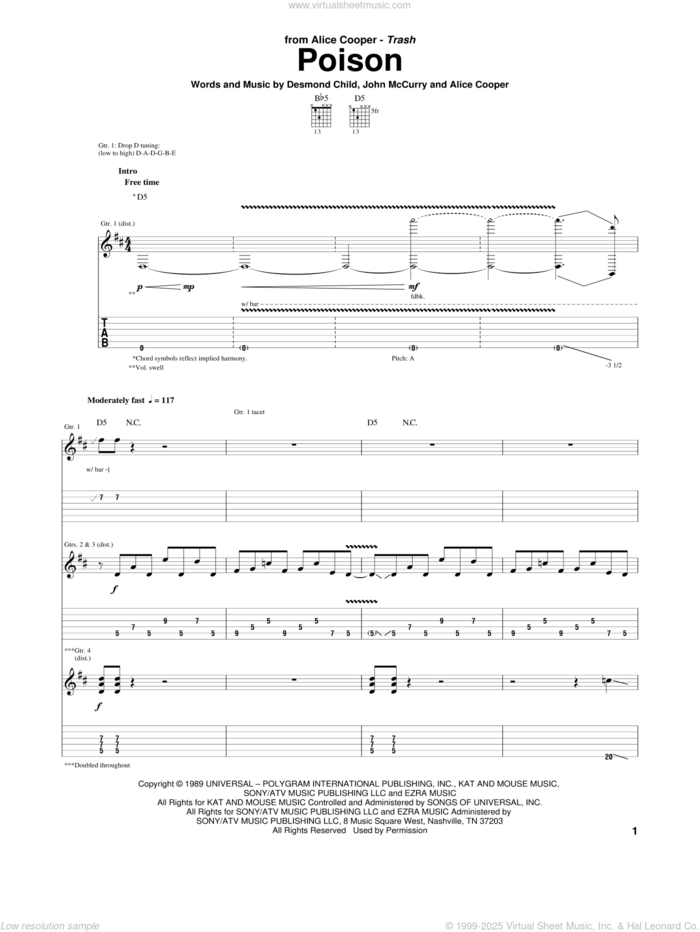 Poison sheet music for guitar (tablature) by Alice Cooper, Desmond Child and John McCurry, intermediate skill level