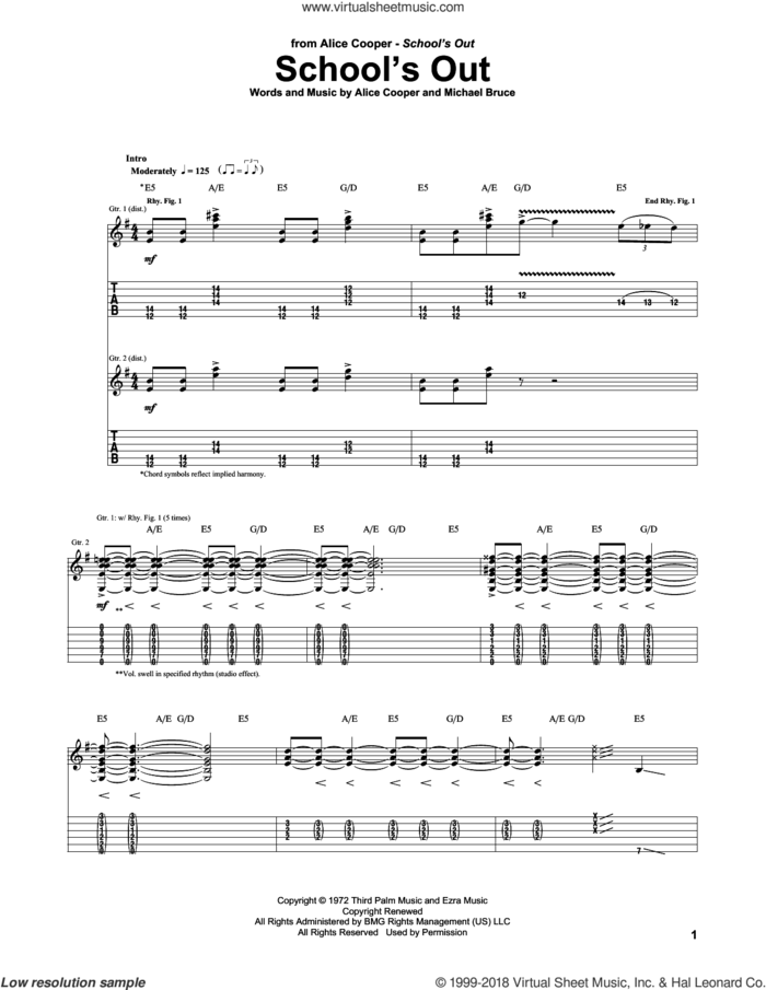 School's Out sheet music for guitar (tablature) by Alice Cooper and Michael Bruce, intermediate skill level