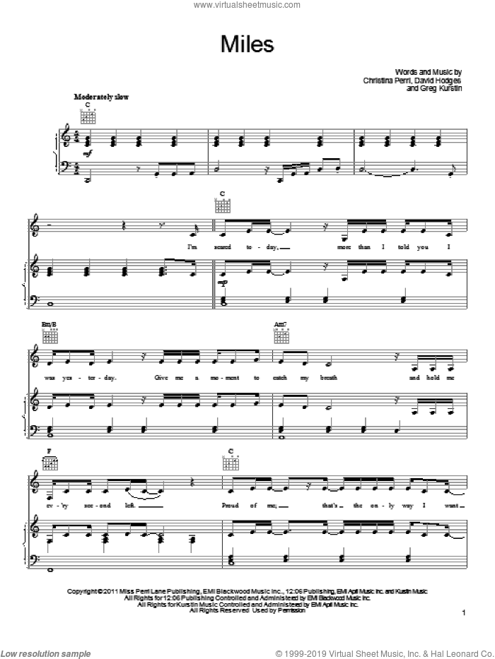 Miles sheet music for voice, piano or guitar by Christina Perri, David Hodges and Greg Kurstin, intermediate skill level