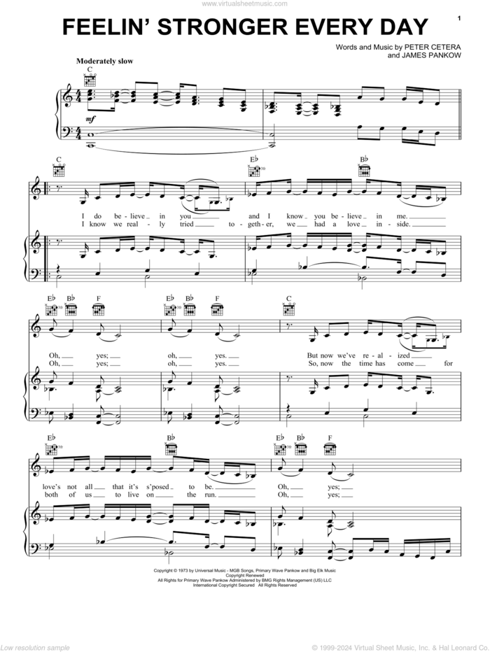 Feelin' Stronger Every Day sheet music for voice, piano or guitar by Chicago, James Pankow and Peter Cetera, intermediate skill level