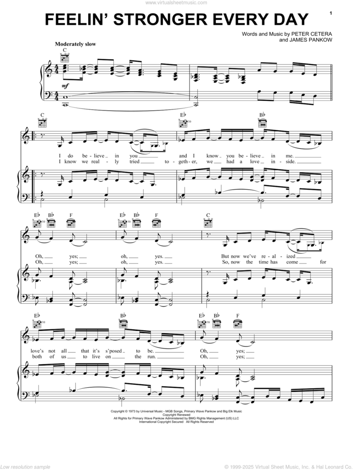 Feelin' Stronger Every Day sheet music for voice, piano or guitar by Chicago, James Pankow and Peter Cetera, intermediate skill level