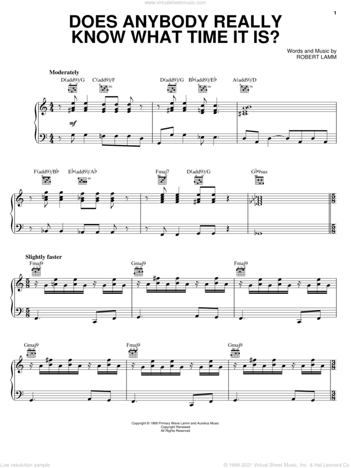 Does Anybody Really Know What Time It Is? sheet music for voice, piano or guitar by Chicago and Robert Lamm, intermediate skill level