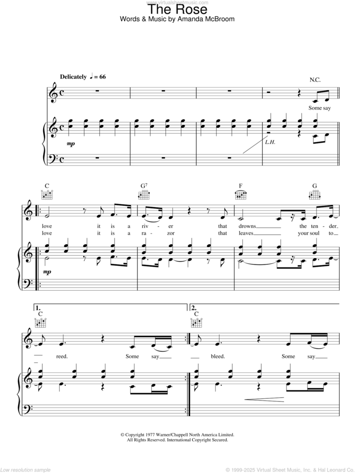 The Rose sheet music for voice, piano or guitar by Bette Midler and Amanda McBroom, intermediate skill level