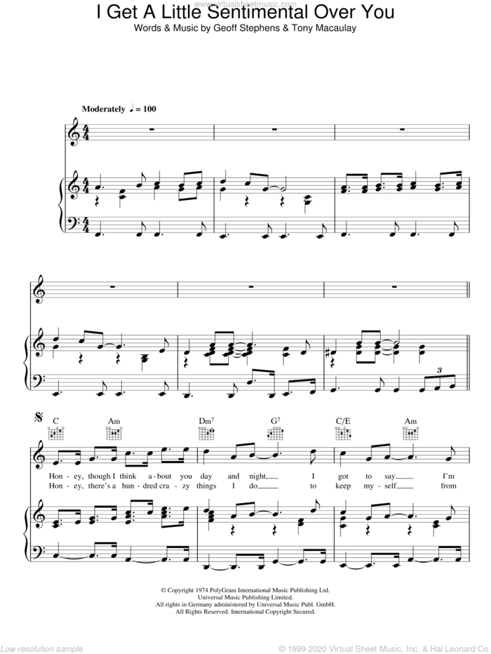I Get A Little Sentimental Over You sheet music for voice, piano or guitar by The New Seekers, Geoff Stephens and Tony Macaulay, intermediate skill level