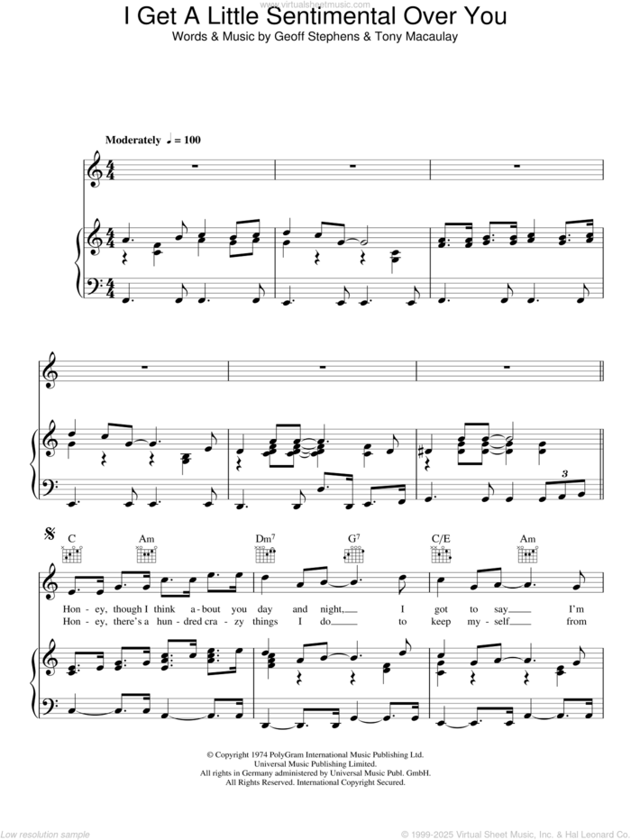 I Get A Little Sentimental Over You sheet music for voice, piano or guitar by The New Seekers, Geoff Stephens and Tony Macaulay, intermediate skill level