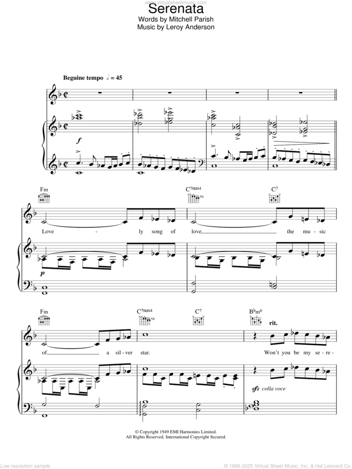 Serenata sheet music for voice, piano or guitar by Leroy Anderson, Sarah Vaughan and Mitchell Parish, intermediate skill level