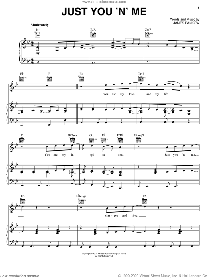Just You 'N' Me sheet music for voice, piano or guitar by Chicago and James Pankow, intermediate skill level