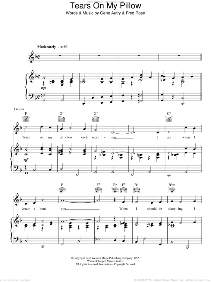 Tears On My Pillow sheet music for voice, piano or guitar by Gene Autry and Fred Rose, intermediate skill level
