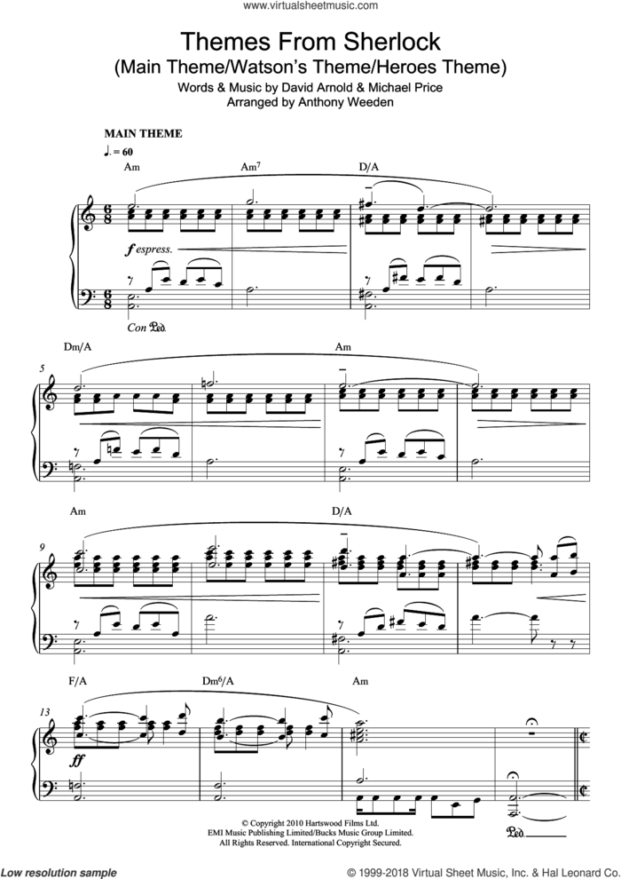 Themes From Sherlock (Main Theme/Watson's Theme/Heroes Theme) sheet music for piano solo by David Arnold and Michael Price, intermediate skill level
