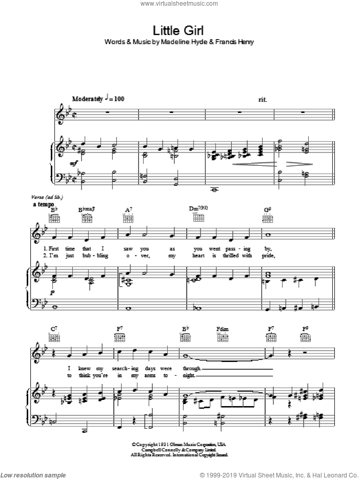 Little Girl sheet music for voice, piano or guitar by Madeline Hyde and Francis Henry, intermediate skill level