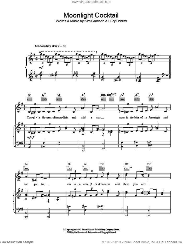 Moonlight Cocktail sheet music for voice, piano or guitar by Glenn Miller, Kim Gannon and Lucy Roberts, intermediate skill level