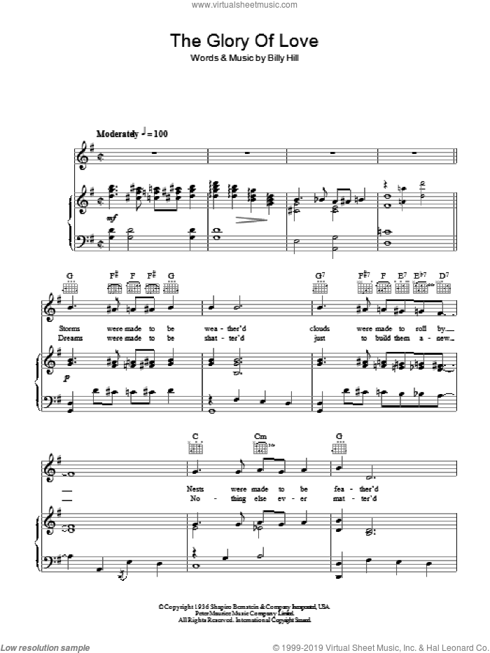 The Glory Of Love sheet music for voice, piano or guitar by Otis Redding, Bette Midler and Billy Hill, intermediate skill level