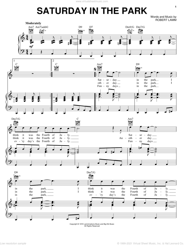 Saturday In The Park sheet music for voice, piano or guitar by Chicago and Robert Lamm, intermediate skill level