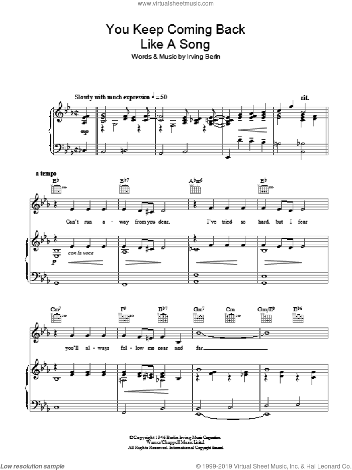 You Keep Coming Back Like A Song sheet music for voice, piano or guitar by Bing Crosby and Irving Berlin, intermediate skill level
