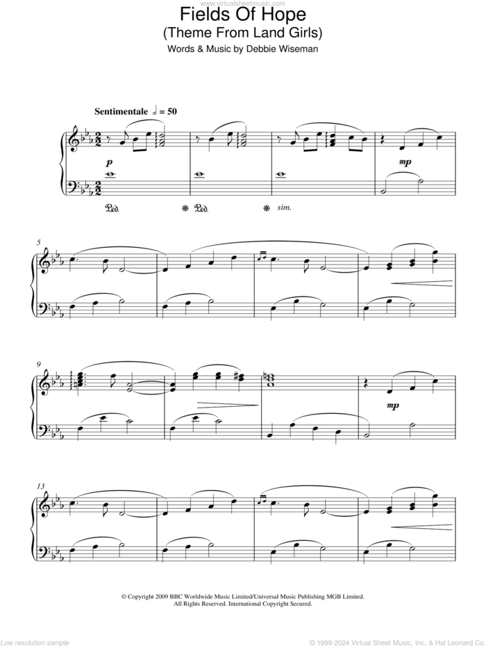 Fields Of Hope (Theme From Land Girls) sheet music for piano solo by Debbie Wiseman, intermediate skill level