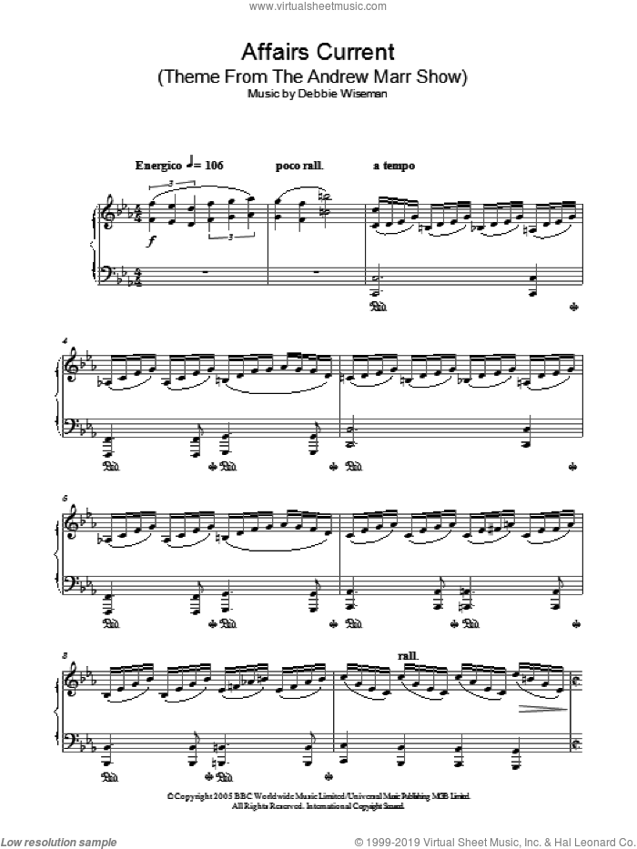Affairs Current (Theme From The Andrew Marr Show) sheet music for piano solo by Debbie Wiseman, intermediate skill level