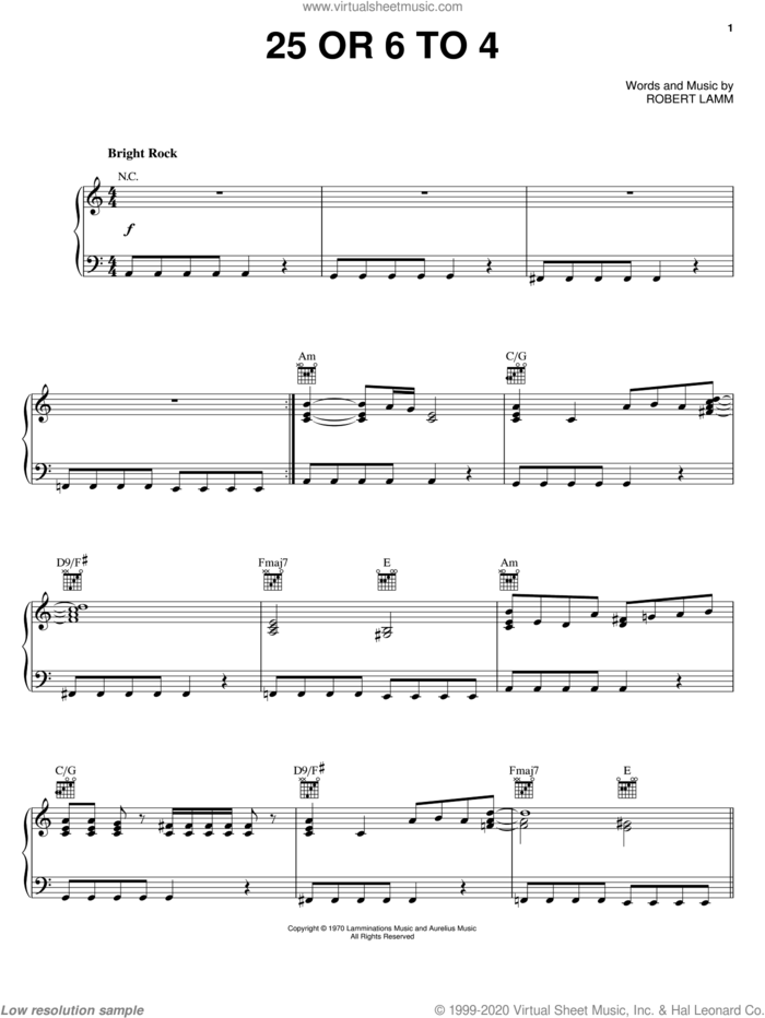 25 Or 6 To 4 sheet music for voice, piano or guitar by Chicago and Robert Lamm, intermediate skill level