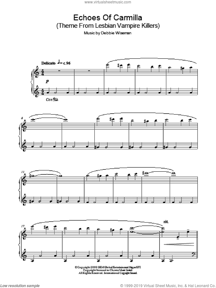 Echoes Of Carmilla (Theme From Lesbian Vampire Killers) sheet music for piano solo by Debbie Wiseman, intermediate skill level