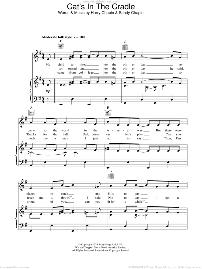 Cat's In The Cradle sheet music for voice, piano or guitar by Harry Chapin and Sandy Chapin, intermediate skill level