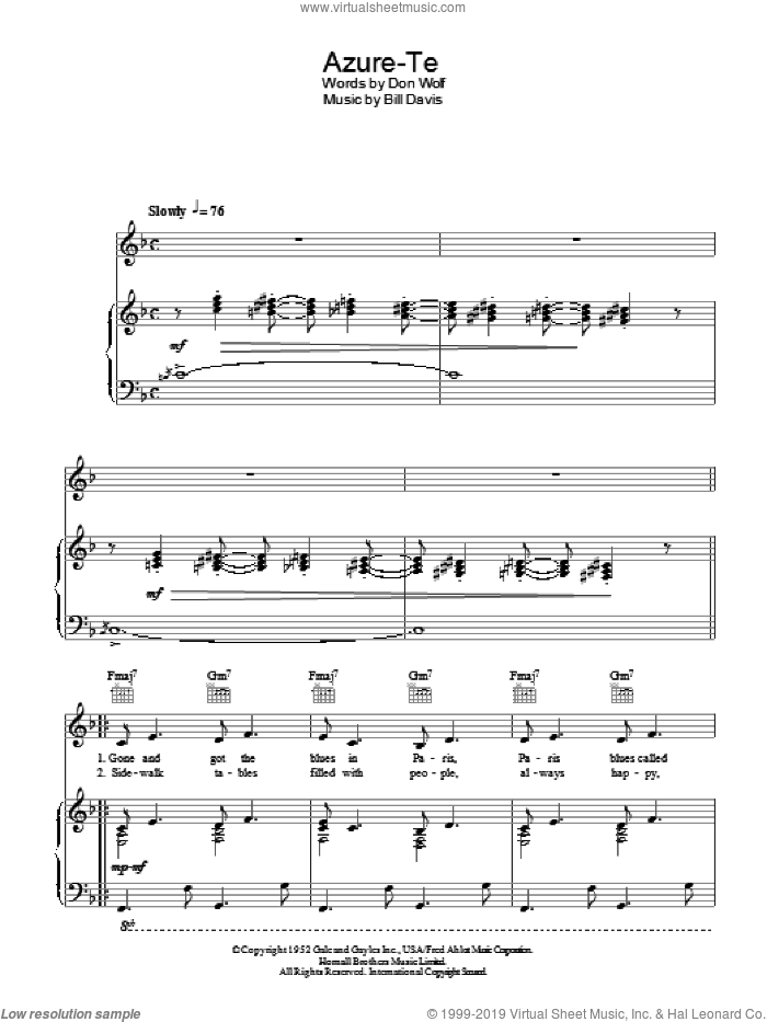 Azure-Te sheet music for voice, piano or guitar by Frank Sinatra, Bill Davis and Don Wolf, intermediate skill level