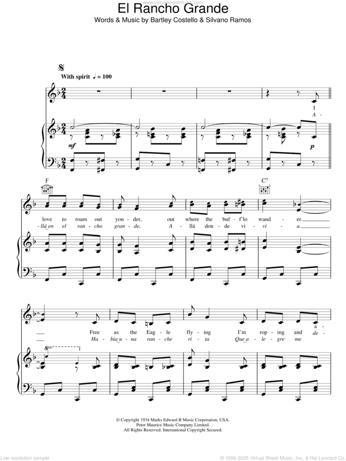 El Rancho Grande sheet music for voice, piano or guitar by Merle Travis, Bartley Costello and Silvano Ramos, intermediate skill level