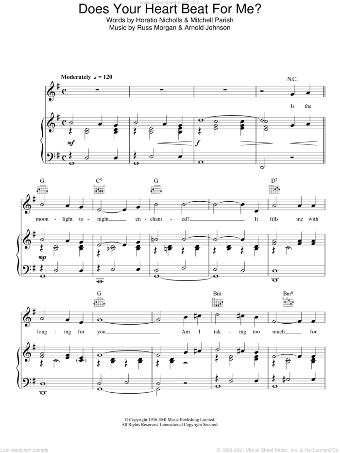 Does Your Heart Beat For Me? sheet music for voice, piano or guitar by Patsy Cline, Arnold Johnson, Horatio Nicholls, Mitchell Parish and Russ Morgan, intermediate skill level