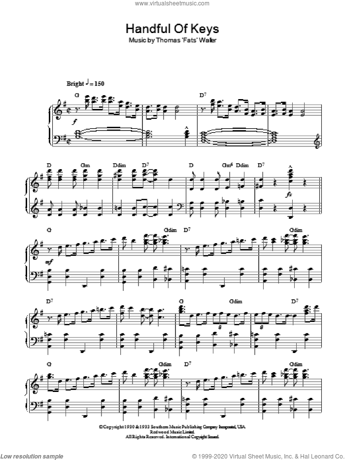 Handful Of Keys sheet music for piano solo by Fats Waller and Thomas Waller, intermediate skill level