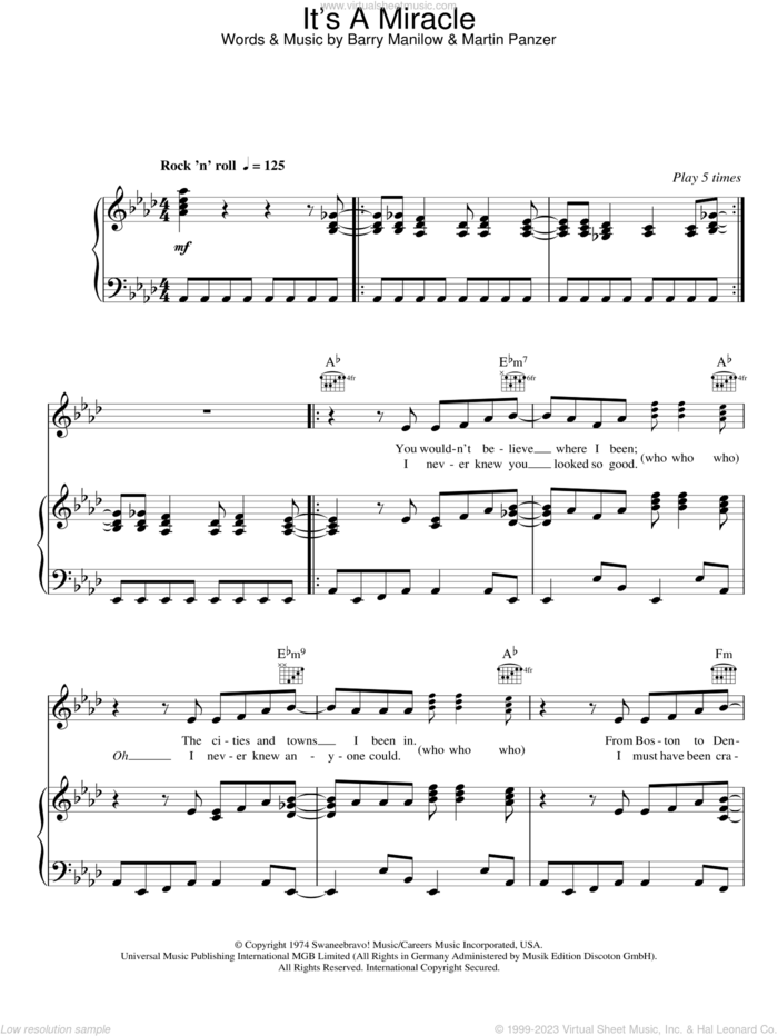 It's A Miracle sheet music for voice, piano or guitar by Barry Manilow and Marty Panzer, intermediate skill level