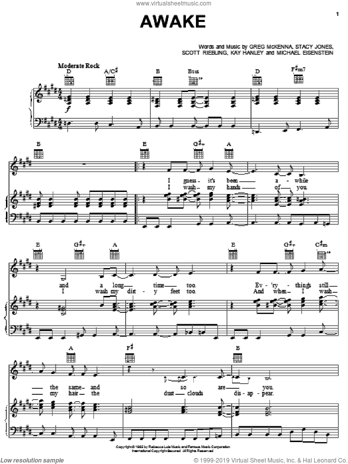 Awake sheet music for voice, piano or guitar by Letters To Cleo, Greg McKenna, Kay Hanley, Michael Eisenstein, Scott Riebling and Stacy Jones, intermediate skill level