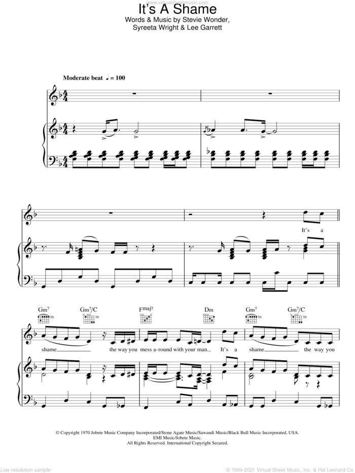 It's A Shame sheet music for voice, piano or guitar by The Motown Singers, Lee Garrett, Stevie Wonder and Syreeta Wright, intermediate skill level
