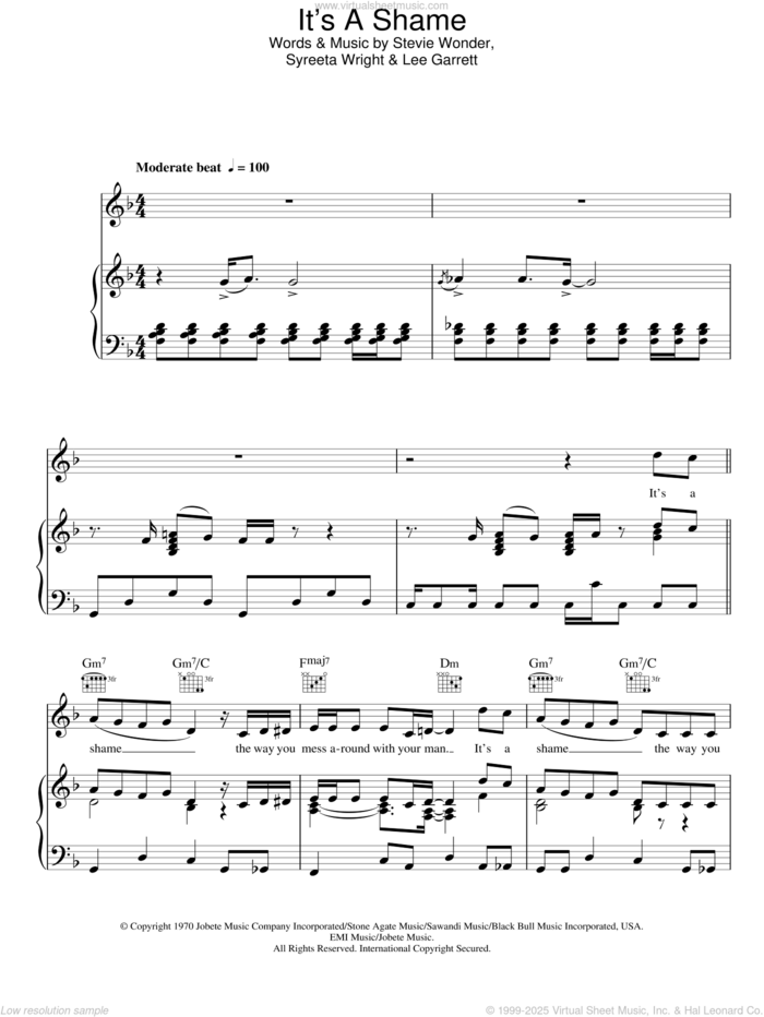 It's A Shame sheet music for voice, piano or guitar by The Motown Singers, Lee Garrett, Stevie Wonder and Syreeta Wright, intermediate skill level