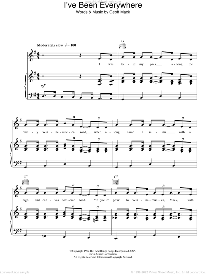 I've Been Everywhere sheet music for voice, piano or guitar by Hank Snow and Geoff Mack, intermediate skill level