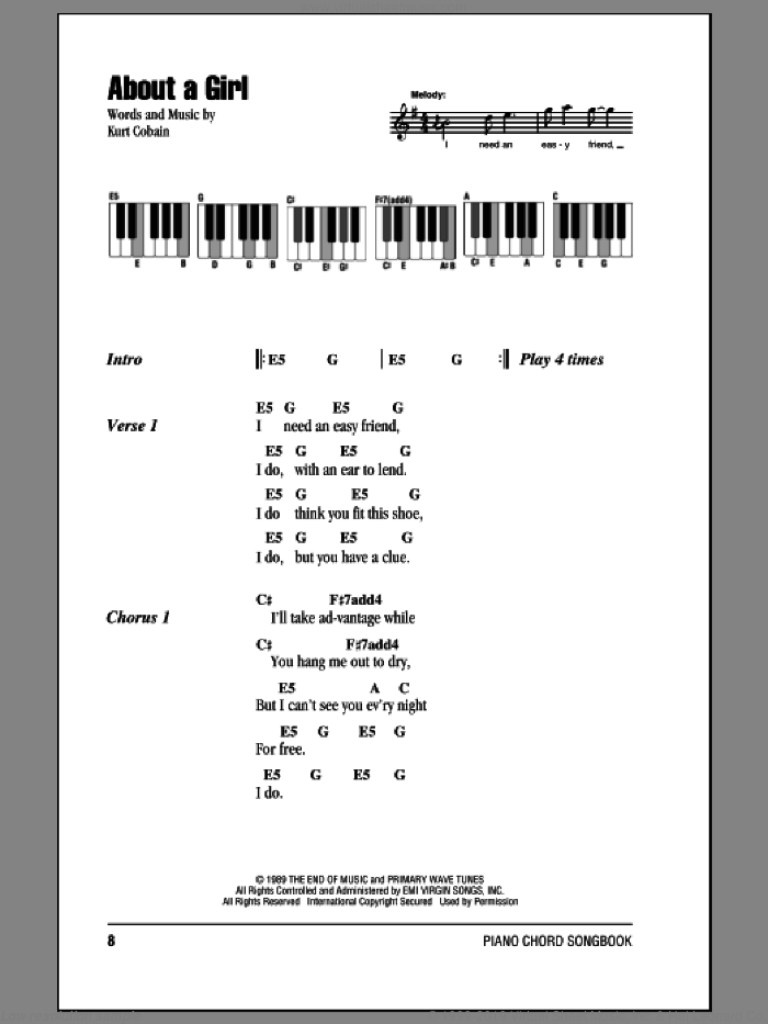 About A Girl sheet music for piano solo (chords, lyrics, melody) by Nirvana and Kurt Cobain, intermediate piano (chords, lyrics, melody)