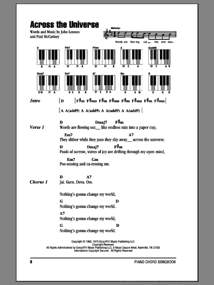 Across The Universe sheet music for piano solo (chords, lyrics, melody) by The Beatles, John Lennon and Paul McCartney, intermediate piano (chords, lyrics, melody)