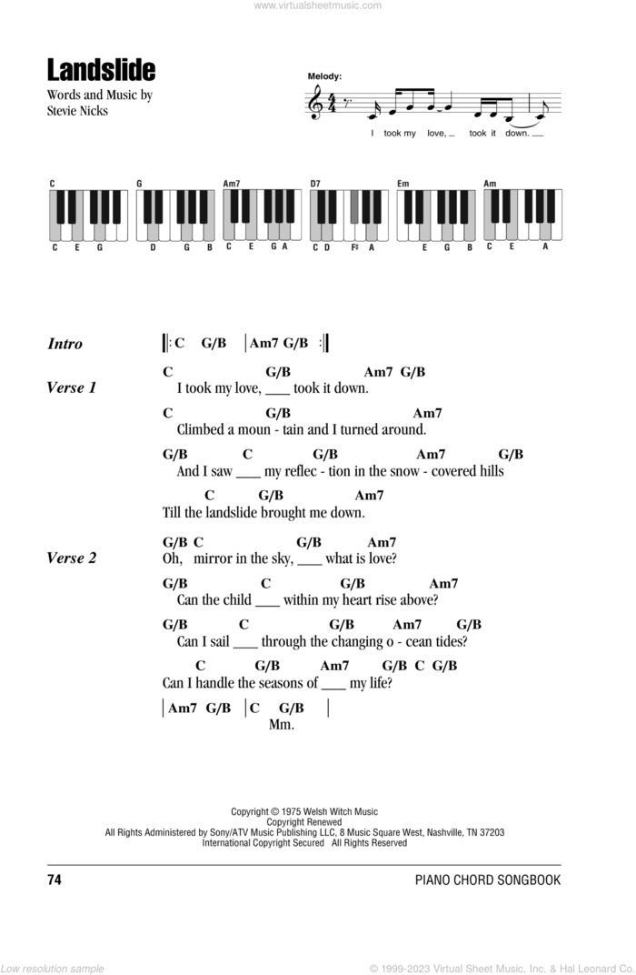 Landslide sheet music for piano solo (chords, lyrics, melody) by Fleetwood Mac and Stevie Nicks, intermediate piano (chords, lyrics, melody)