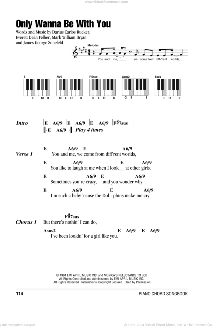 Only Wanna Be With You sheet music for piano solo (chords, lyrics, melody) by Hootie & The Blowfish, Darius Carlos Rucker, Everett Dean Felber, James George Sonefeld and Mark William Bryan, intermediate piano (chords, lyrics, melody)