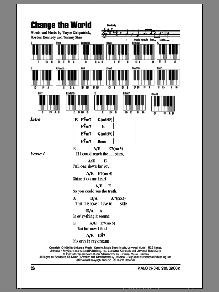 Change The World sheet music for piano solo (chords, lyrics, melody) by Eric Clapton, Gordon Kennedy, Tommy Sims and Wayne Kirkpatrick, intermediate piano (chords, lyrics, melody)