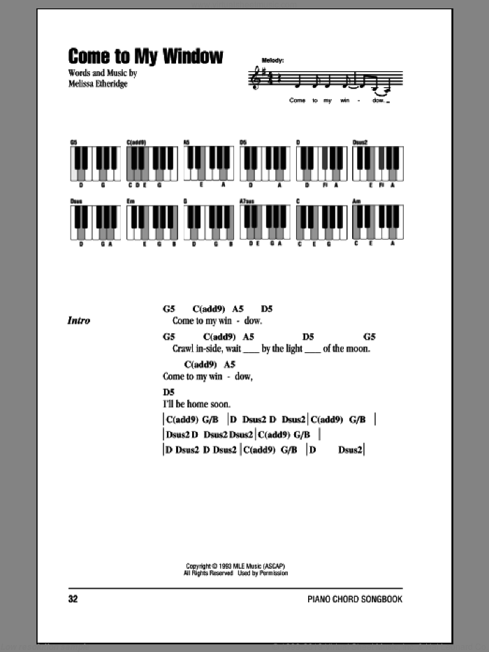Come To My Window sheet music for piano solo (chords, lyrics, melody) by Melissa Etheridge, intermediate piano (chords, lyrics, melody)